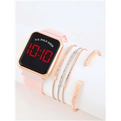 LADIES LED SQUARE EMBELLISHED WATCH & BRACELETS SET