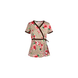 koi Scrubs Designer Floral Mock Wrap Print Top