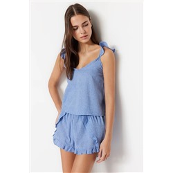 TRENDYOLMİLLA Mavi %100 Pamuk Fırfır Detaylı Atlet-Şort Pijama Takımı THMSS23PT00231