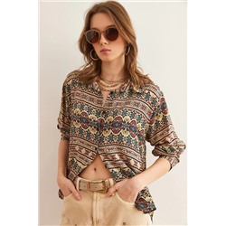 Olalook, Kadın Taş Kilim Yıkamalı Yumuşak Dokulu Desenli Viskon Gömlek GML-19001305