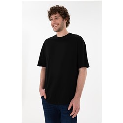 Erkek Long Fit Bisiklet Yaka Siyah Basic Tişört