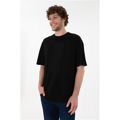 Erkek Long Fit Bisiklet Yaka Siyah Basic Tişört