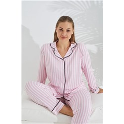 Siyah İnci pembe beyaz çizgi desenli Curve Büyük Beden Battal boy Düğmeli Biyeli Pamuklu Pijama Takımı 7687