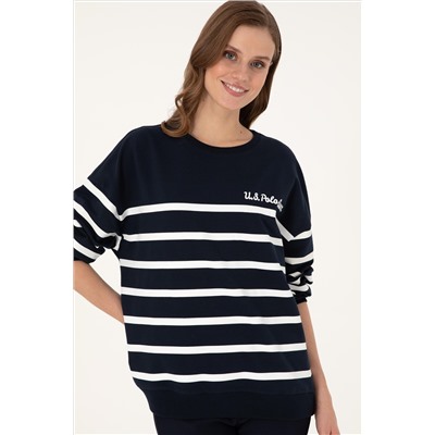 Kadın Lacivert Çizgili Bisiklet Yaka Sweatshirt