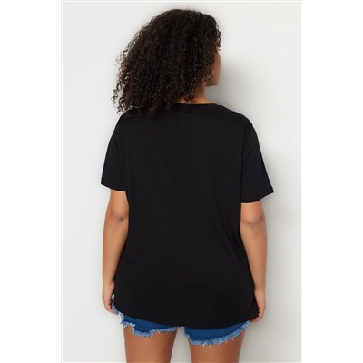 Siyah Boyfriend Fit Slogan Baskılı Bisiklet Yaka %100 Pamuk Örme Büyük Beden T-Shirt TBBSS23BF00022