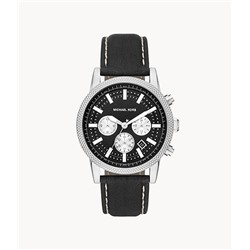 Michael Kors Hutton Chronograph Black Leather Watch