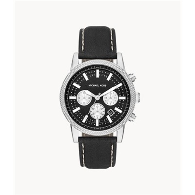 Michael Kors Hutton Chronograph Black Leather Watch