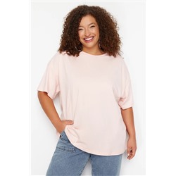 Açık Pembe %100 Pamuk Sırt Baskılı Geniş Rahat Kesim Bisiklet Yaka Örme T-Shirt TBBSS24BF00025