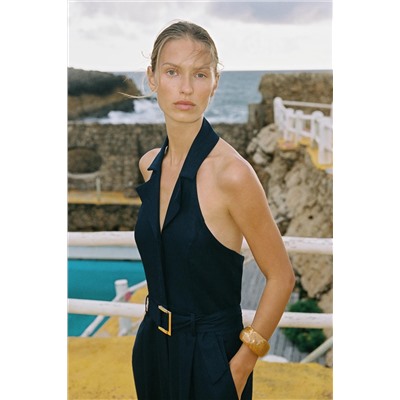 HALTER NECK JUMPSUIT WITH LINEN BLEND BELT