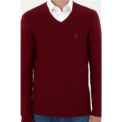 Erkek Slim Fit V Yaka Bordo Basic Kazak