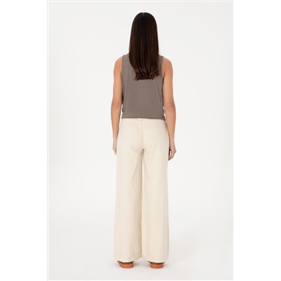 Kadın Ekru Loose Fit Kanvas Pantolon