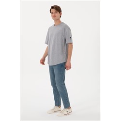 Erkek Long Fit Bisiklet Yaka Gri Melanj Basic Tişört