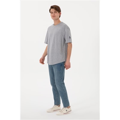 Erkek Long Fit Bisiklet Yaka Gri Melanj Basic Tişört