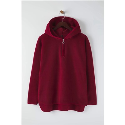 Koyu Vişne Kalın Polar Kapüşonlu Oversize/Bol Kesim Büyük Beden Sweatshirt TBBAW25AO00030