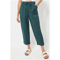 Pantalón relaxed fit de lino cintura alta - Verde oscuro