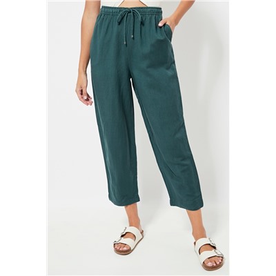Pantalón relaxed fit de lino cintura alta - Verde oscuro