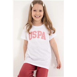 U.S. Polo Assn., Kız Çocuk Beyaz Bisiklet Yaka Pamuk Simli Uspa Baskılı Basic Tişört 50306042-vr013