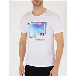 Beyaz Slim Fit Baskılı Bisiklet Yaka Tişört