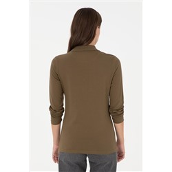 Kadın Haki Basic Polo Yaka Sweatshirt