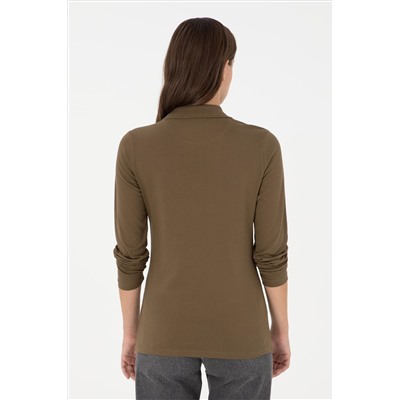 Kadın Haki Basic Polo Yaka Sweatshirt