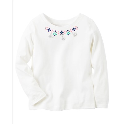 Long-Sleeve Embellished Necklace Tee