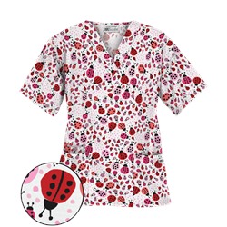 UA Lady Bug Oasis White V-Neck Print Scrub Top
