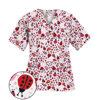 UA Lady Bug Oasis White V-Neck Print Scrub Top
