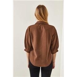 Olalook Kadın Acı Kahve Ahşap Düğmeli Truvakar Kol Keten Gömlek GML-19001095