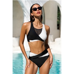 Wrap Cutout Mesh Bikini Top & Colorblock Bikini Set