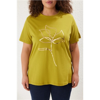 Yeşil Bisiklet Yaka Metalik Baskılı %100 Pamuk Örme T-Shirt TBBSS22TS2287