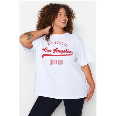 Beyaz Geniş Kalıp Bisiklet Yaka Baskılı %100 Pamuk Örme T-shirt TBBSS23AH00131