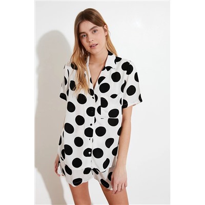 TRENDYOLMİLLA Ekru Puantiyeli Viskon Gömlek-Şort Dokuma Pijama Takımı THMSS20PT0306