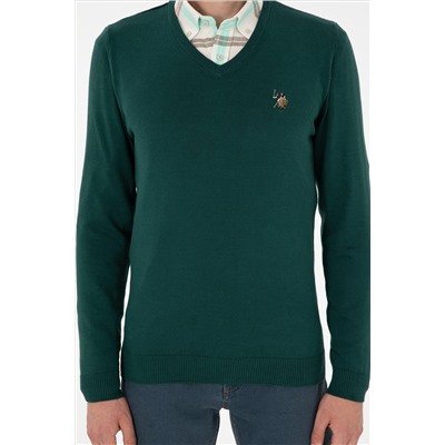 Erkek Slim Fit V Yaka Yeşil Basic Kazak