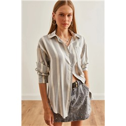 Olalook, Kadın Ekru Gri Tek Cepli Oversize Keten Gömlek GML-19001227