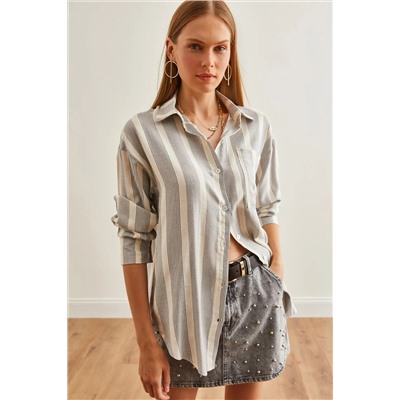 Olalook, Kadın Ekru Gri Tek Cepli Oversize Keten Gömlek GML-19001227