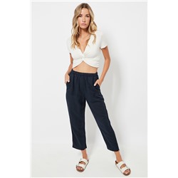Pantalón slim fit de lino cintura alta - Azul marino