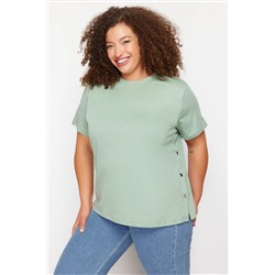 Mint Yeşili Boyfriend Fit Yanda Çıt Çıt Detaylı %100 Pamuk Örme Büyük Beden T-shirt TBBSS24BF00000