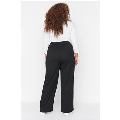 Siyah Beli Lastikli Şerit Detaylı Geniş Paça Örme Pantolon TBBAW23AR00018