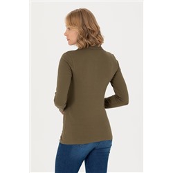 Kadın Haki Basic Polo Yaka Sweatshirt