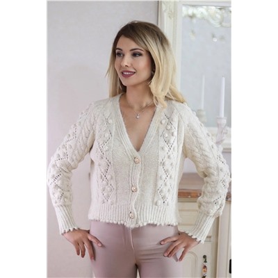 Ritnice Kadın Ekru Yumuşak Kabartma Dokulu Taş Düğmeli Hırka 1081