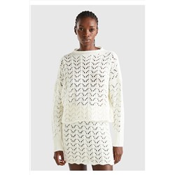 United Colors of Benetton Kadın Beyaz Yün Karışımlı Boxy Fit 3D Efekt Örgü Kazak 123A125HD202A