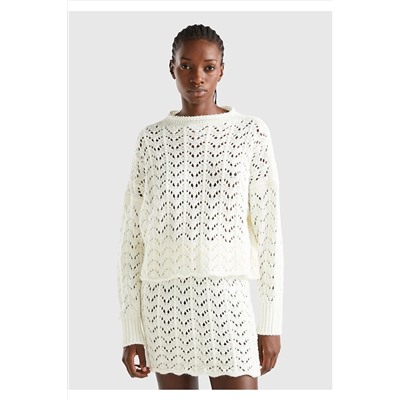 United Colors of Benetton Kadın Beyaz Yün Karışımlı Boxy Fit 3D Efekt Örgü Kazak 123A125HD202A