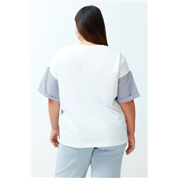 Beyaz Oversize Slogan Baskılı Kolda Çizgili Poplin Detaylı %100 Pamuk Örme T-shirt TBBSS24BF00017
