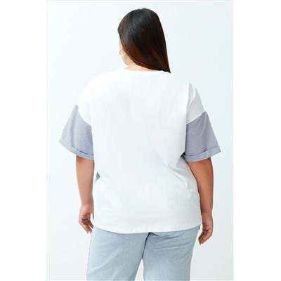 Beyaz Oversize Slogan Baskılı Kolda Çizgili Poplin Detaylı %100 Pamuk Örme T-shirt TBBSS24BF00017