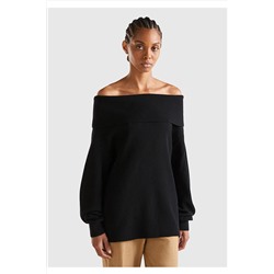 United Colors of Benetton Kadın Siyah Yün Karışımlı Omzu Açık Kazak 123A1044D2023
