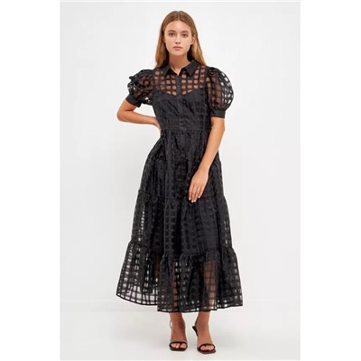 ENGLISH FACTORY Women's Gridded Organza Tiered Maxi Dress
