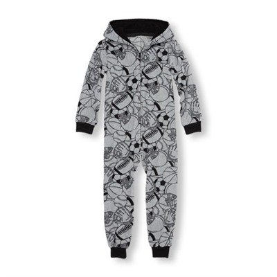 Boys Long Sleeve Sports Print Glacier Fleece Hooded One-Piece Sleeper