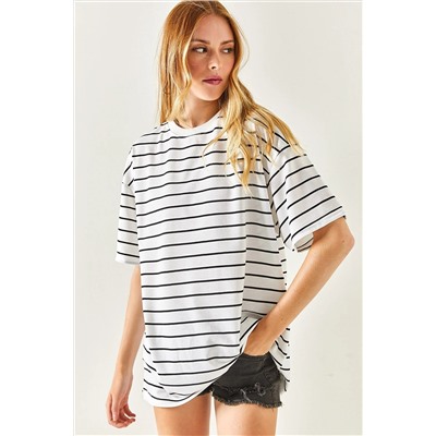 Olalook Kadın Beyaz Çizgili 2 İp Oversize Unisex Tişört TSH-19000764
