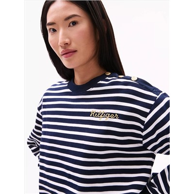 Gold Button Stripe Crewneck Sweatshirt