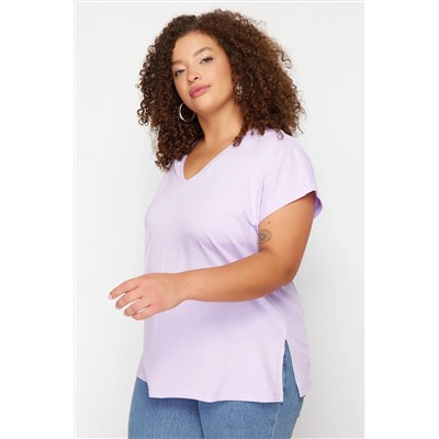 Lila V Yaka Yırtmaçlı Basic Örme T-Shirt TBBSS22BF0036